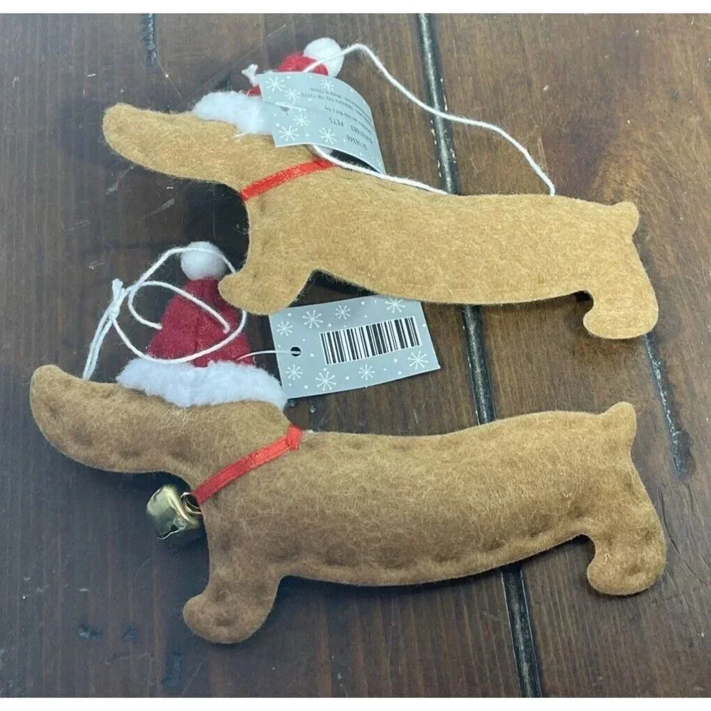 Dachshund Dog Brown Felt Santa Hat Christmas‎ Ornaments Bell Set Of 2 NEW